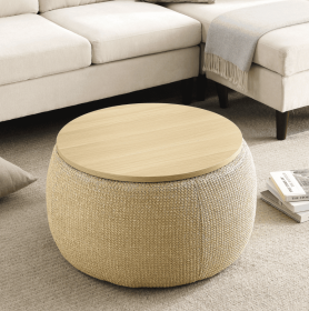 2-in-1 Round Storage Ottoman  End Table, Natural 25.5x25.5x14.5