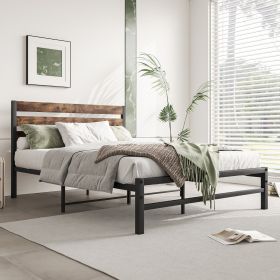 Rustic Vintage Wood Headboard Full Size Platform Bed With Metal Slats Support