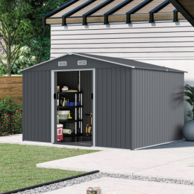 Outdoor Storage Shed 8 X 10 FT Large Metal Tool Sheds  Heavy Duty Storage House With Sliding Doors With Air Vent For Patio Lawn To Store Bikes To