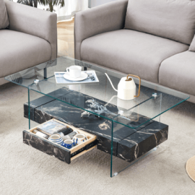 43.3 Inch Modern Two-Tier Coffee Table - Clear Tempered Glass And Black Marble Texture, Multifunctional Storage Design.The Bottom Tier Includes A Draw (Color: Black)