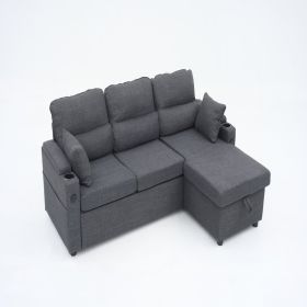 Convertible Sleeper Sofa 2 In 1, L-Shaped Couches For Living Room, Pull Out Sectional Futon Sofa Bed With Storage Space, USB Ports And Cup Holders For (Option: Gray)